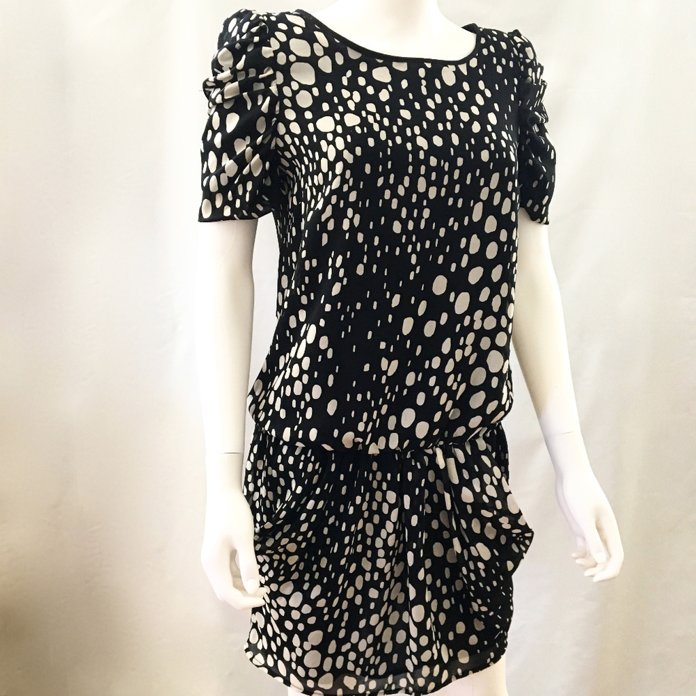 Zara Size S Black Ivory Polka Dot Ruched Dress